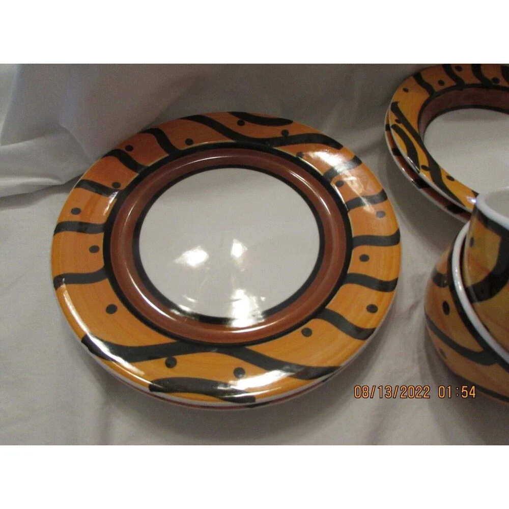 PIER 1 PLATES BOWLS CUPS ORANGE DOT BLACK HAND PAINTED ITALY PLACE SETTING FOR 2